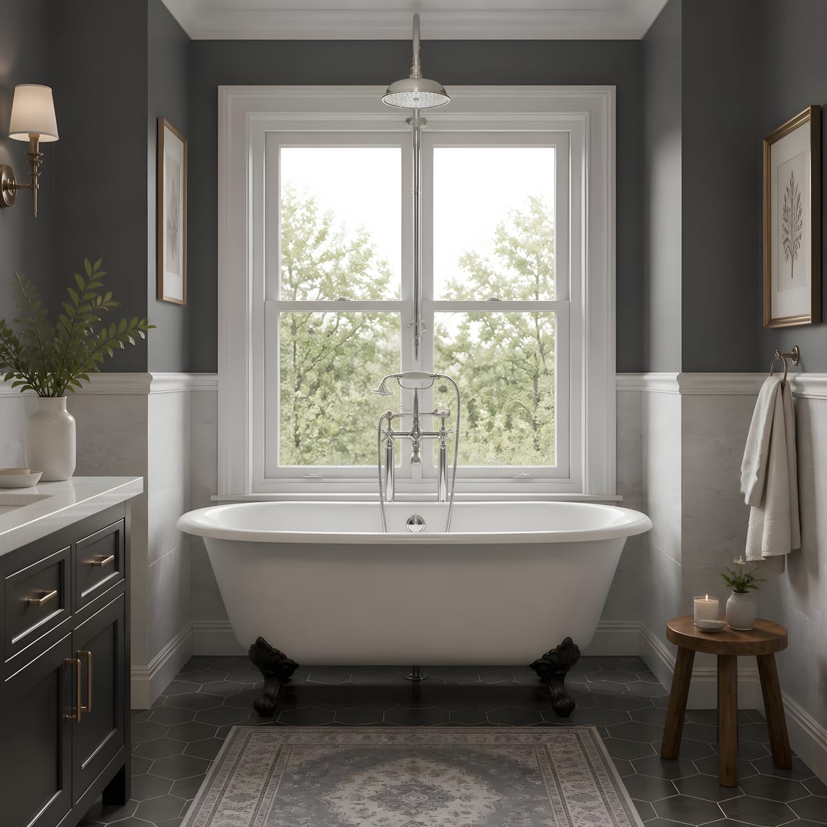 Clawfoot tub in a dark-walled bath with a window and marble wainscot