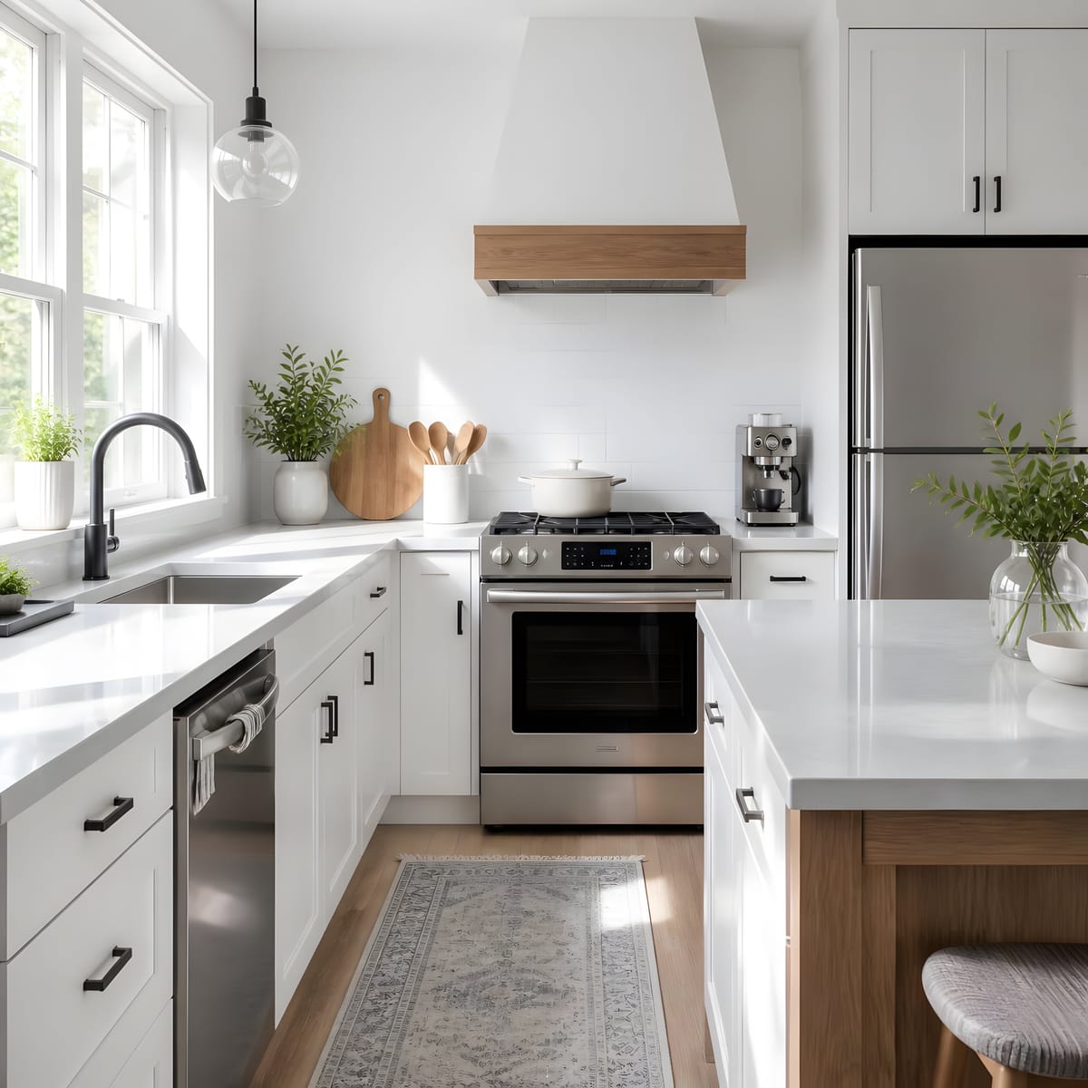 White kitchen with a wood-trimmed hood and black fixtures