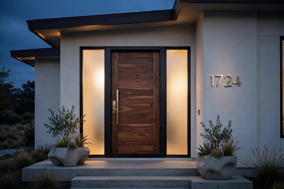 Modern front entrance at dusk with a dark wood door, frosted sidelights, and concrete planters with olive trees