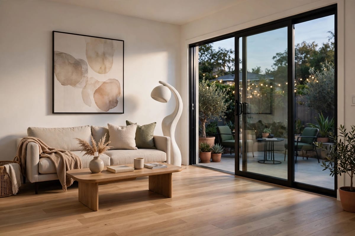 Modern living room with a sofa and painting, and sliding glass doors opening to a patio