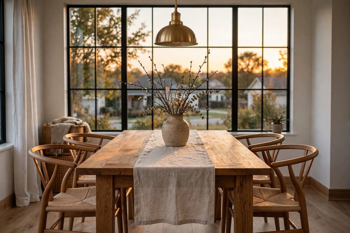Warm dining room with a wood table and large window at sunset