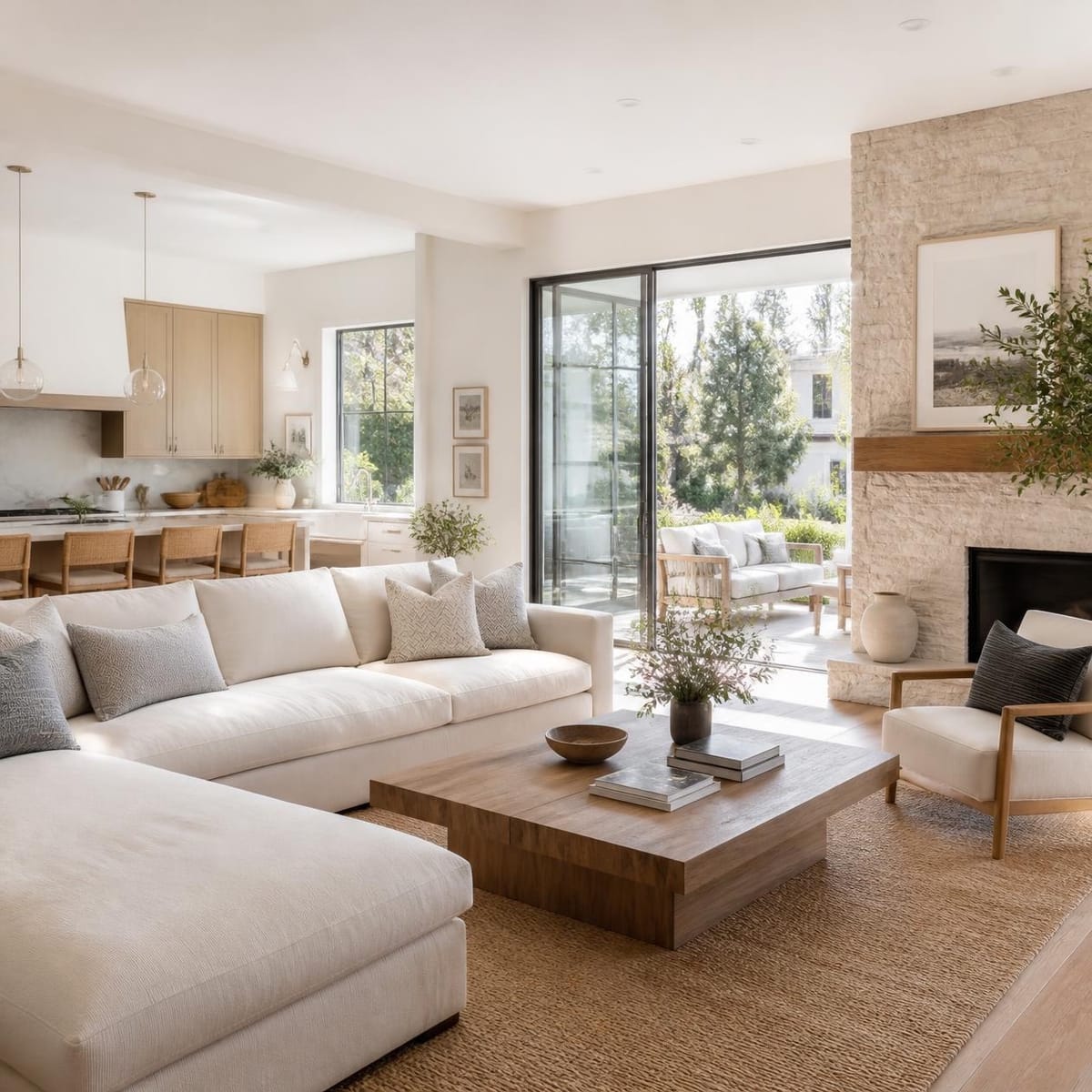 Bright living room with a cream sectional, walnut coffee table, and stone fireplace