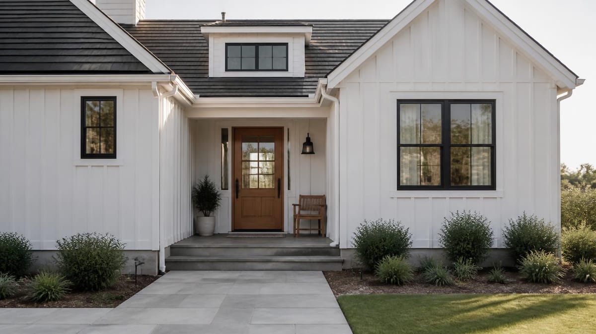 White farmhouse with a wood front door, covered entry, and front walk