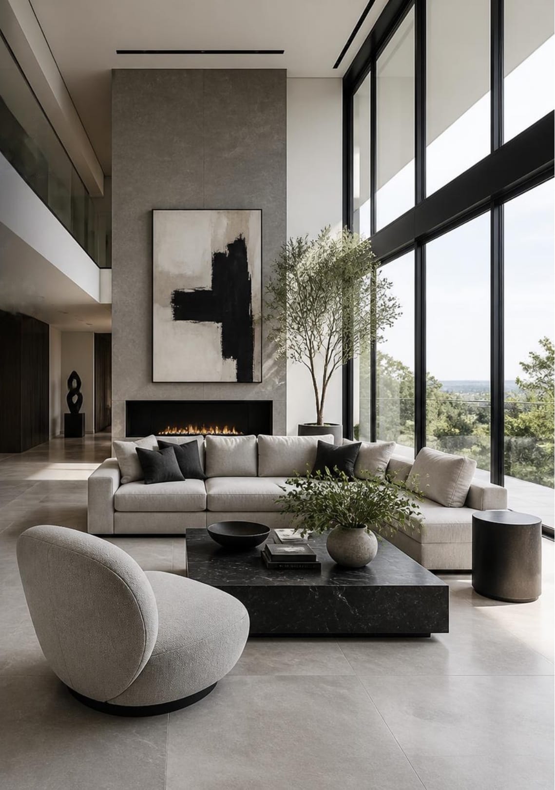 Modern living room with floor-to-ceiling windows